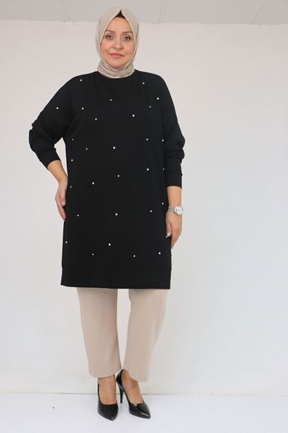 58157 Büyük Beden Beyoğlu Taş Çakmalı Modal Tunik - Siyah