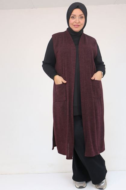 54012 Büyük Beden Cepli Giy-Çık Mir Yelek - Mürdüm