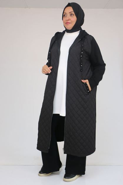 53041 Büyük Beden Modal - Kapitone Kombinli Kap - Siyah