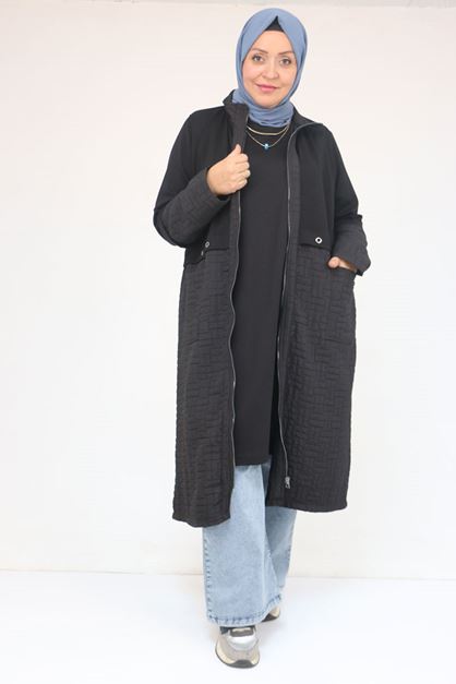 53039 Büyük Beden  Kapitone - Modal Kombinli Trençkot - Siyah