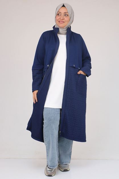 53039 Büyük Beden  Kapitone - Modal Kombinli Trençkot - İndigo