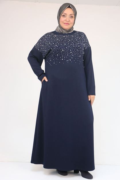42033 Büyük Beden Yandan Cepli Modal Elbise - Lacivert