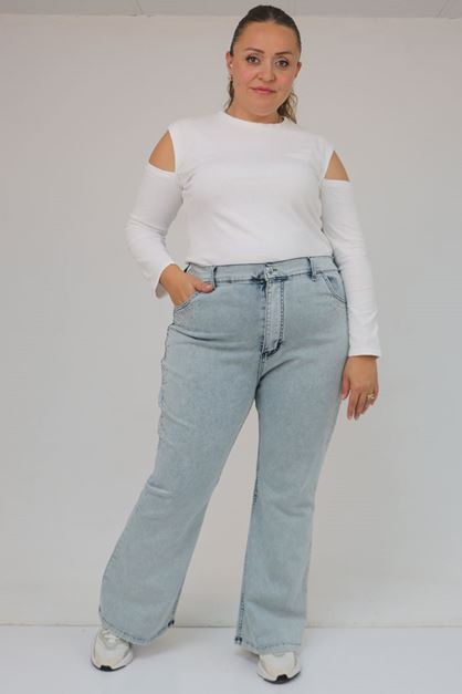 9204-1 Büyük Beden Kemerli Taş Detaylı Kot Pantolon - Kar Yıkama Buz Mavi