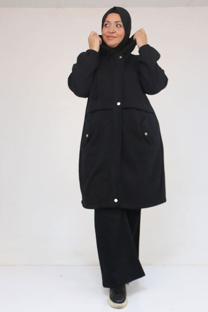 43076 Büyük Beden Cepli Kapşonlu Üç İplik Kap - Siyah