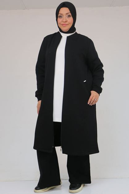 33096 Büyük Beden Fermuarlı Üç İplik  Kap - Siyah