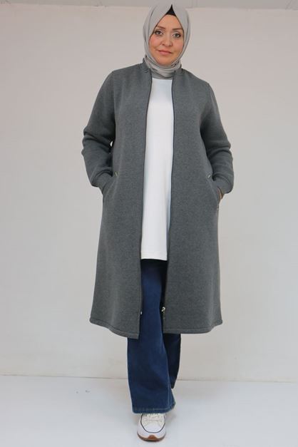 33096 Büyük Beden Fermuarlı Üç İplik  Kap - Antrasit