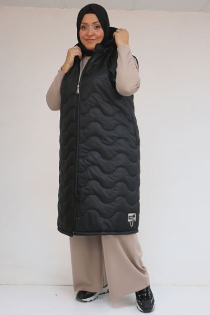 44004 Büyük Beden Cepli Fermuarlı Kapitone Yelek - Siyah