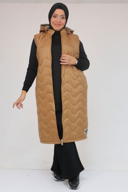 44004 Büyük Beden Cepli Fermuarlı Kapitone Yelek - Taba