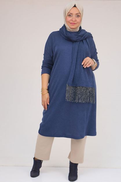 58158-1 Büyük Beden  Atkısı Püsküllü  Mir Tunik - İndigo