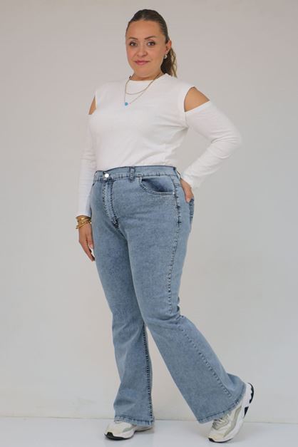 D-9204-1 Büyük Beden Kemerli Taş Detaylı Kot Pantolon - Kar Yıkama Mavi 