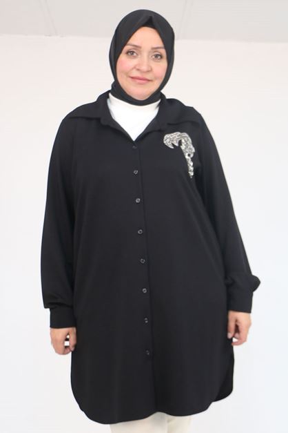 D-58126 Büyük Beden Düğmeli Aksesuar Detaylı Modal Tunik - Siyah 
