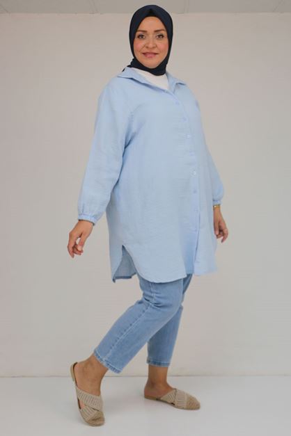 D-58091 Büyük Beden Kolları Lastikli Müslin Gömlek - Açık Mavi 