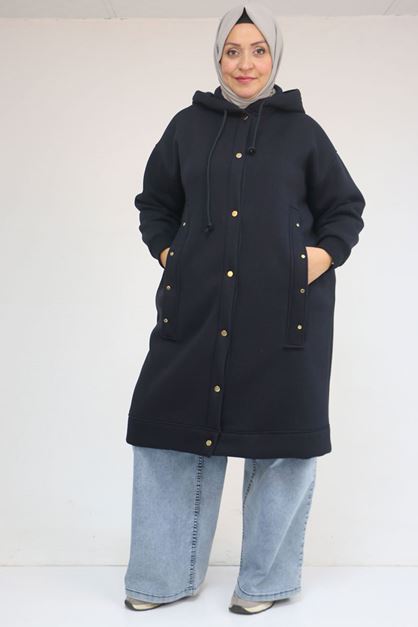 43077 Büyük Beden Kol Ve Etek Ucu Ribanalı Üç İplik Kap - Lacivert