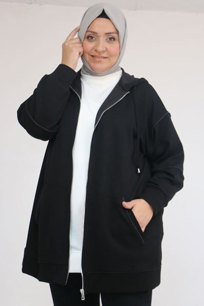 43072 Büyük Beden Waterport Biyeli Modal Ceket - Siyah