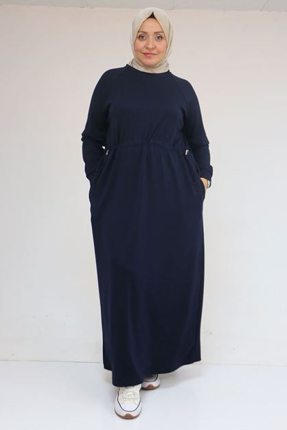 42032 Büyük Beden Beli Lastikli Modal Elbise - Lacivert