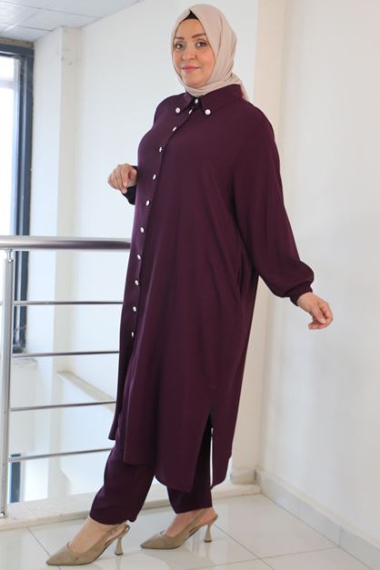 D-47029 Büyük Beden Kolu Lastikli Dokuma Bürümcük Pantolonlu Takım - Mürdüm 