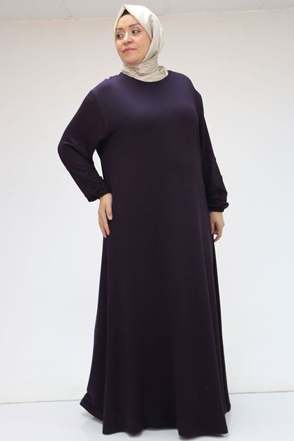 D-42035 Büyük Beden Kolları Çıma Detaylı Kristal Elbise - Mürdüm 