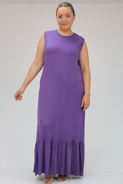 D-42019 Büyük Beden Penye Eteği Fırfırlı  İçlik Elbise - Leylak