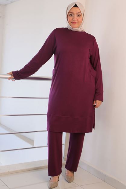 D-27039 Büyük Beden Penye İkili Takım - Mürdüm