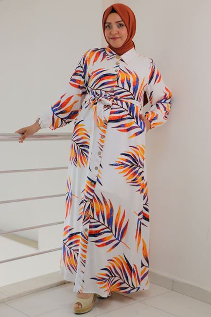 D-42014 Büyük Beden  Desenli Viskon Erkek Yaka Kuşaklı Elbise -  Beyaz - Oranj Yapraklı 