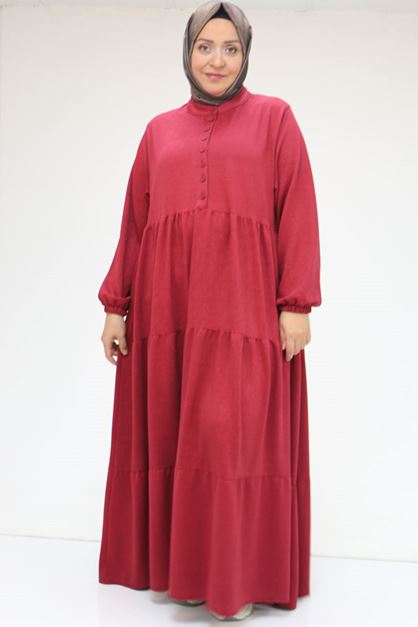 D-42039 Büyük Beden Fitil Dokulu Süet Elbise - Bordo 