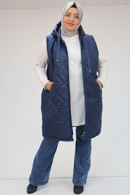 D-44003 Büyük Beden  Fermuarlı Kapşonlu Kapitone Yelek - Lacivert