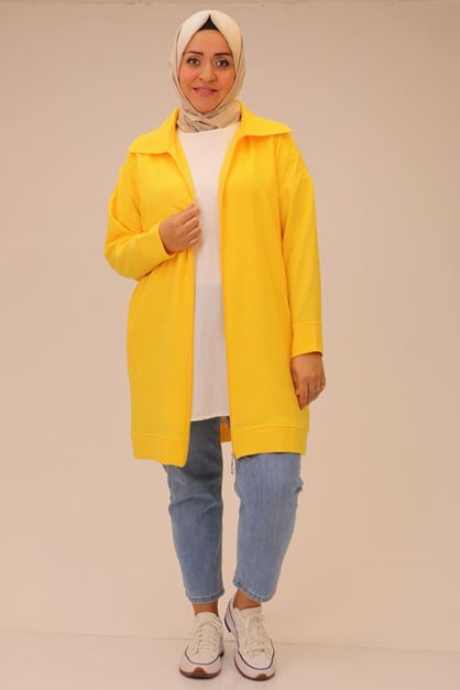 D-43031  Büyük Beden Keten Airobin Erkek Yaka Fermuarlı Kap -Sarı 