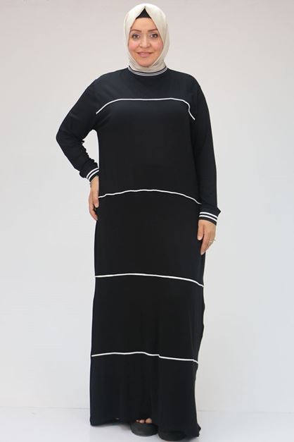 D-42022 Büyük Beden Ara Biyeli Penye Elbise - Siyah 