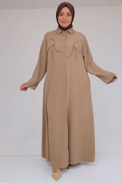 D-56017 Büyük Beden Taş İşleme Detaylı Krep Ferace - Vizon 