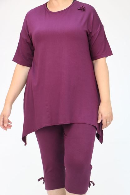 D-47807 Büyük Beden Kurdele Detaylı Pijama Takımı - Mürdüm