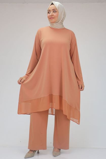 D-37017 Büyük Beden Sandy-Şifon Pantolonlu Takım- Somon 
