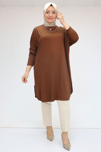 D-38111 Büyük Beden Basic Penye Tunik - Kahve