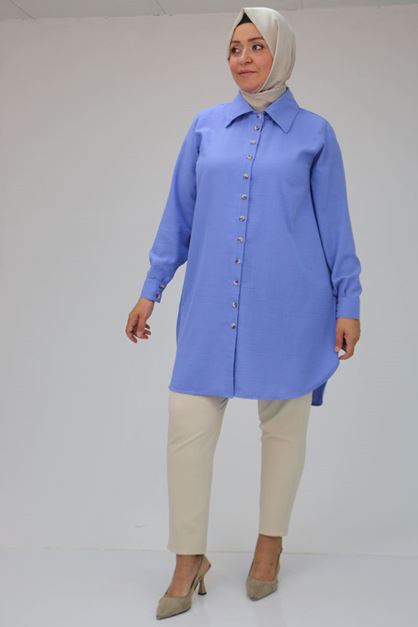 D-38118 Büyük Beden Düğmeli Keten Airobin Gömlek - Mavi 