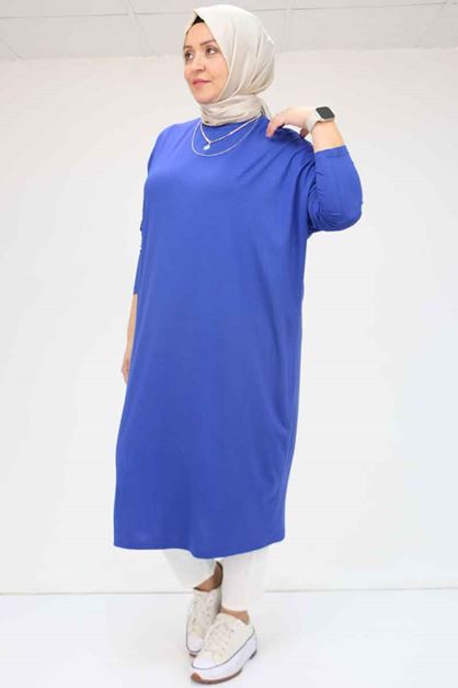 D-28095 Büyük Beden Düşük Kol Penye Uzun Tunik - İndigo 