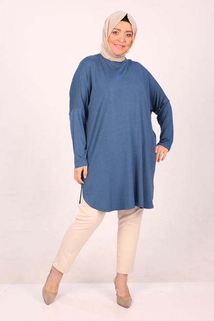 D-38111 Büyük Beden Basic Penye Tunik - Petrol