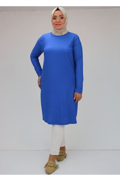 D-48067 Büyük Beden  Bürümcük Tunik - Saks