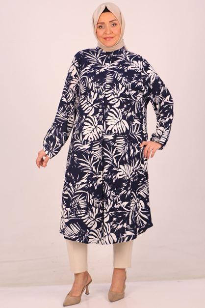 D-48023 Büyük Beden Hakim Yaka Bürümcük Gömlek-Lacivert Yapraklı 