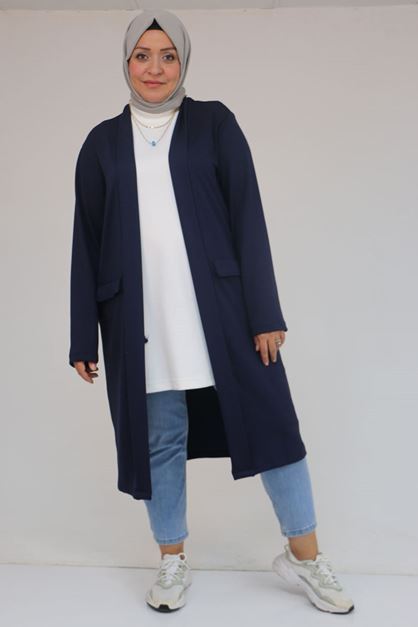 53048 Büyük Beden Cepli Uzun Modal Ceket - İndigo