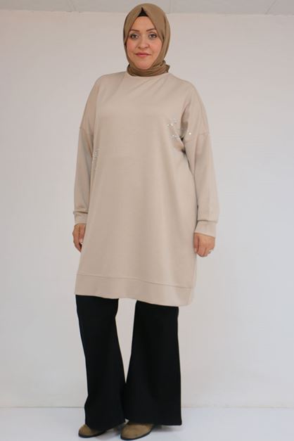 58165 Büyük Beden Taş Baskı Detaylı Modal Tunik - Vizon
