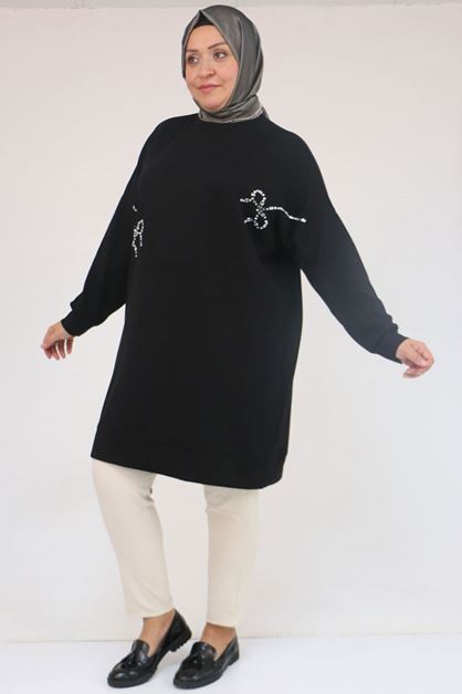 58165 Büyük Beden Taş Baskı Detaylı Modal Tunik - Siyah
