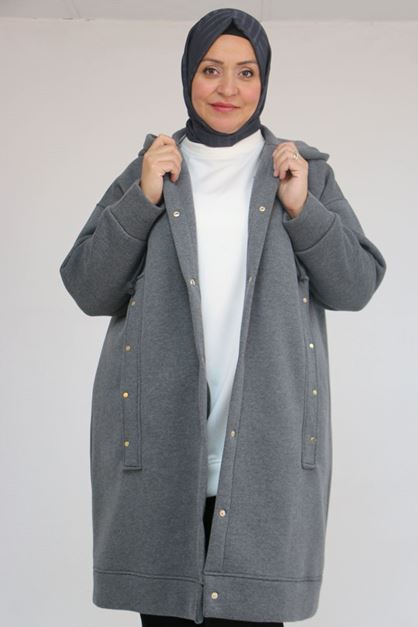 D-43077 Büyük Beden Kol Ve Etek Ucu Ribanalı Üç İplik Kap - Antrasit 