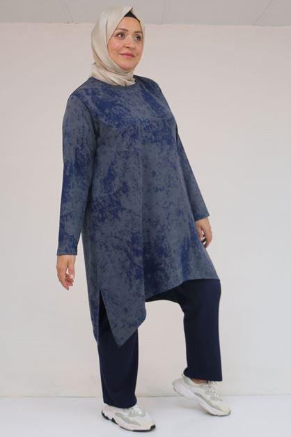 57070 Büyük Beden Önü Simetri Kesim Batik Pantolonlu Takım - Lacivert