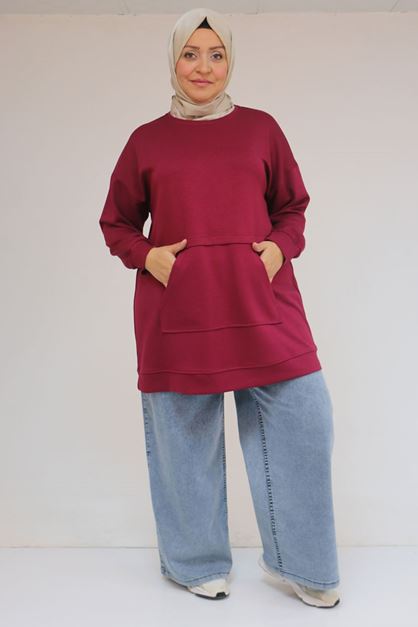 58133 Büyük Beden Kanguru Cepli Modal Tunik - Bordo