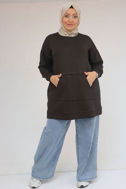 58133 Büyük Beden Kanguru Cepli Modal Tunik - Kahve