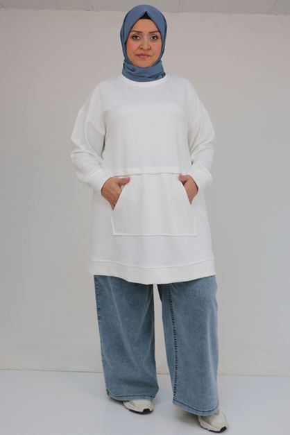 58133 Büyük Beden Kanguru Cepli Modal Tunik - Ekru
