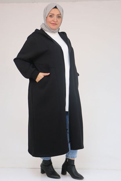 53059 Büyük Beden Kolları Ribanalı Üç İplik Kap - Siyah