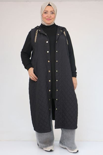 54008-1 Büyük Beden Zincir Kordonlu Modal-Kapitone Yelek - Siyah
