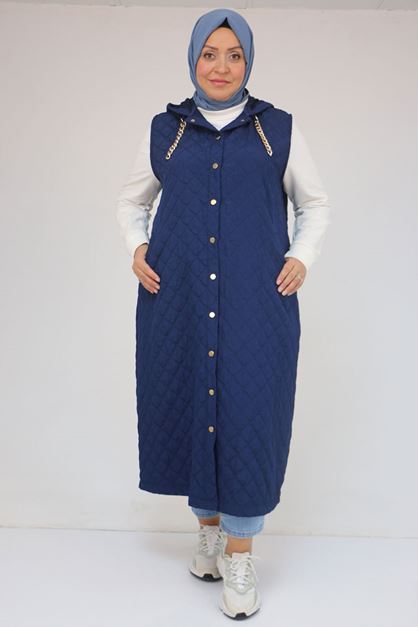 54008-1 Büyük Beden Zincir Kordonlu Modal-Kapitone Yelek - İndigo