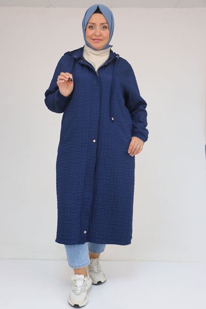 D-53043 Büyük Beden Yakalı Modal-Kapitone Kap - İndigo