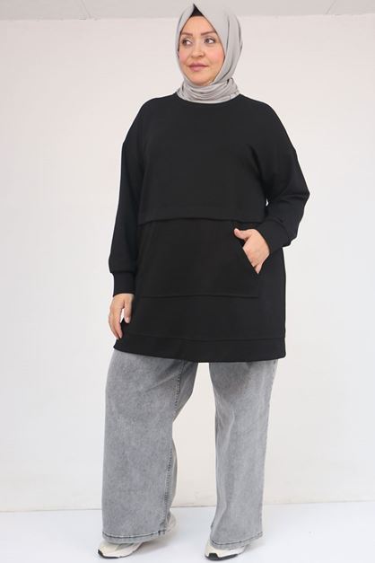 D-58133 Büyük Beden Kanguru Cepli Modal Tunik - Siyah 